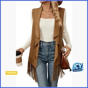 Faux Suede Sleeveless Open Front Vest with Tassels